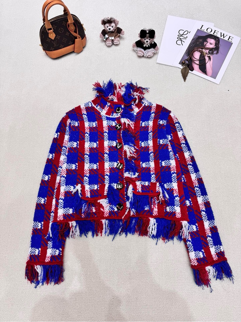 CHANEL Red, Blue & White Fringed Plaid Cropped Jacket